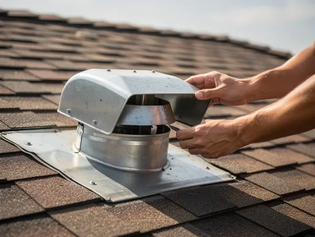 Alhambra Dryer Vent Cleaning certified technician safely cleaning a roof-mounted dryer vent in Alhambra