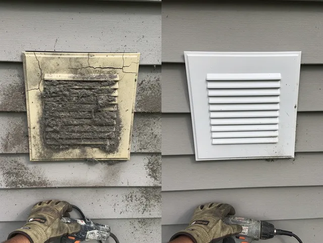 Alhambra Dryer Vent Cleaning technician installing high-quality dryer vent cover at a residential property in Alhambra