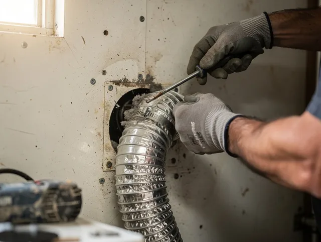 Alhambra Dryer Vent Cleaning technician performing precise dryer vent hose installation in Alhambra